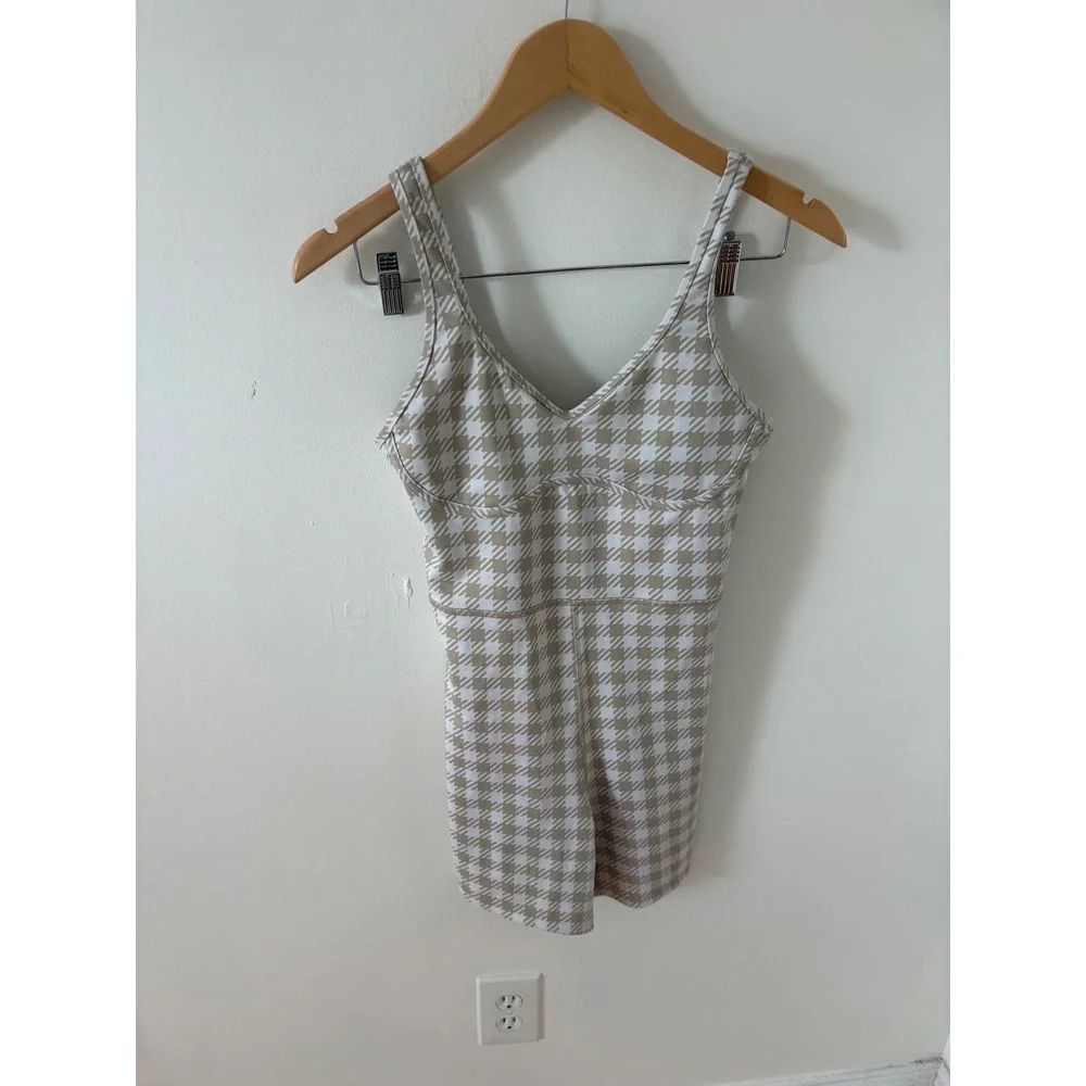 Beach Riot Sport Tan White Houndstooth Unitard Activewear Romper Size M USA